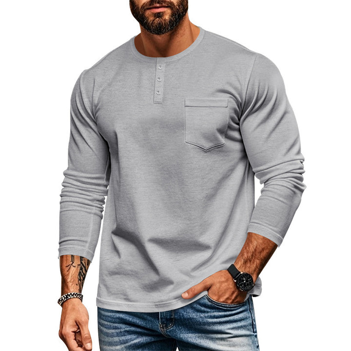Men's long-sleeve shirt with modern Henley neckline and practical chest pocket Chic and style