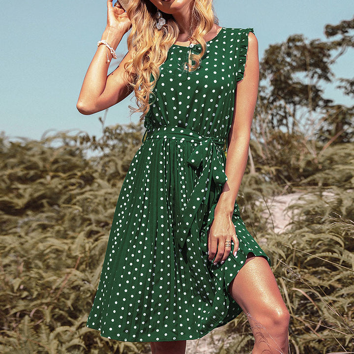 A-line polka dot dress for women with adjustable tie belt Lune London
