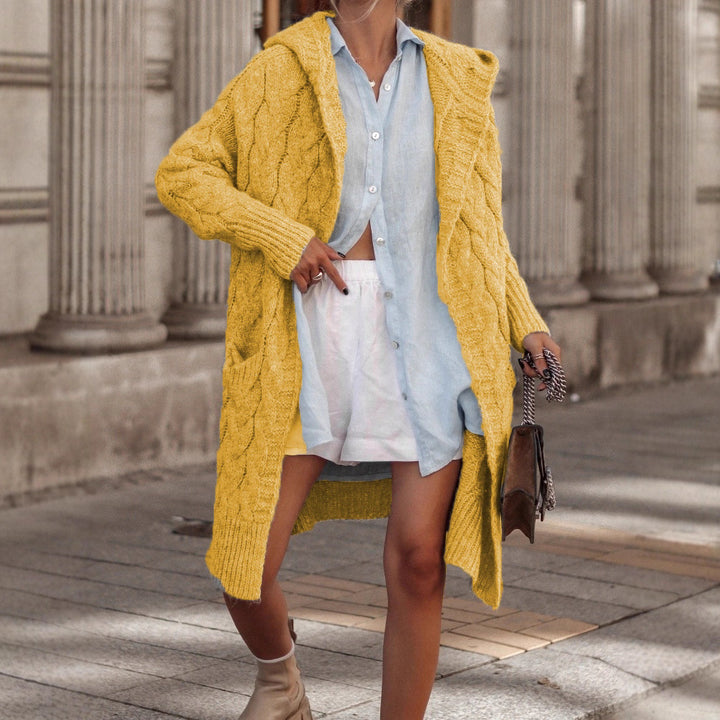 Thick knit cardigan for women with open front and hood Lune London