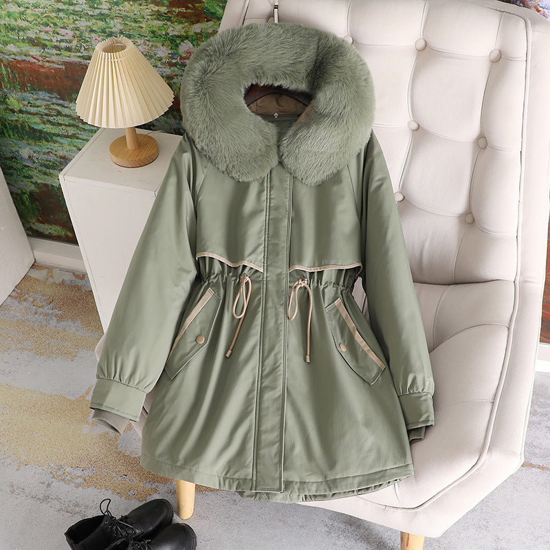 Lune London fashionable women's transition jacket with removable faux fur collar and drawstring waist