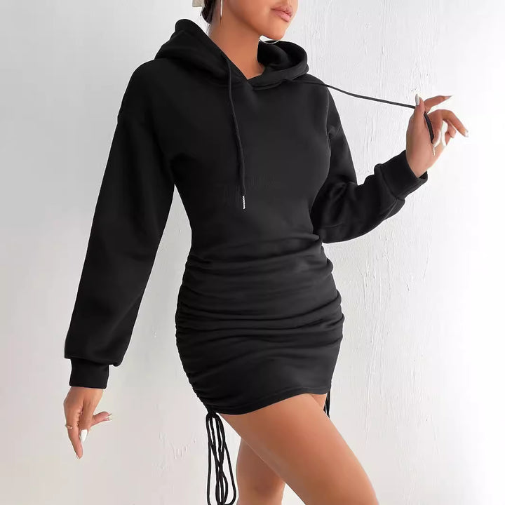 Hooded dress for women with side ruffle design and adjustable drawstring Lune London