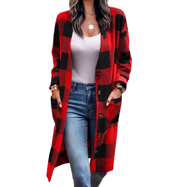 Ladies Long Checkered Coat with Pockets Lune London