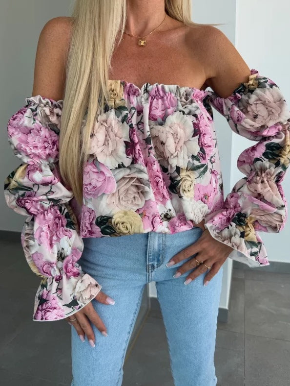 Woman Chic Top with Off-Shoulder and Puff Sleeves with Flowers