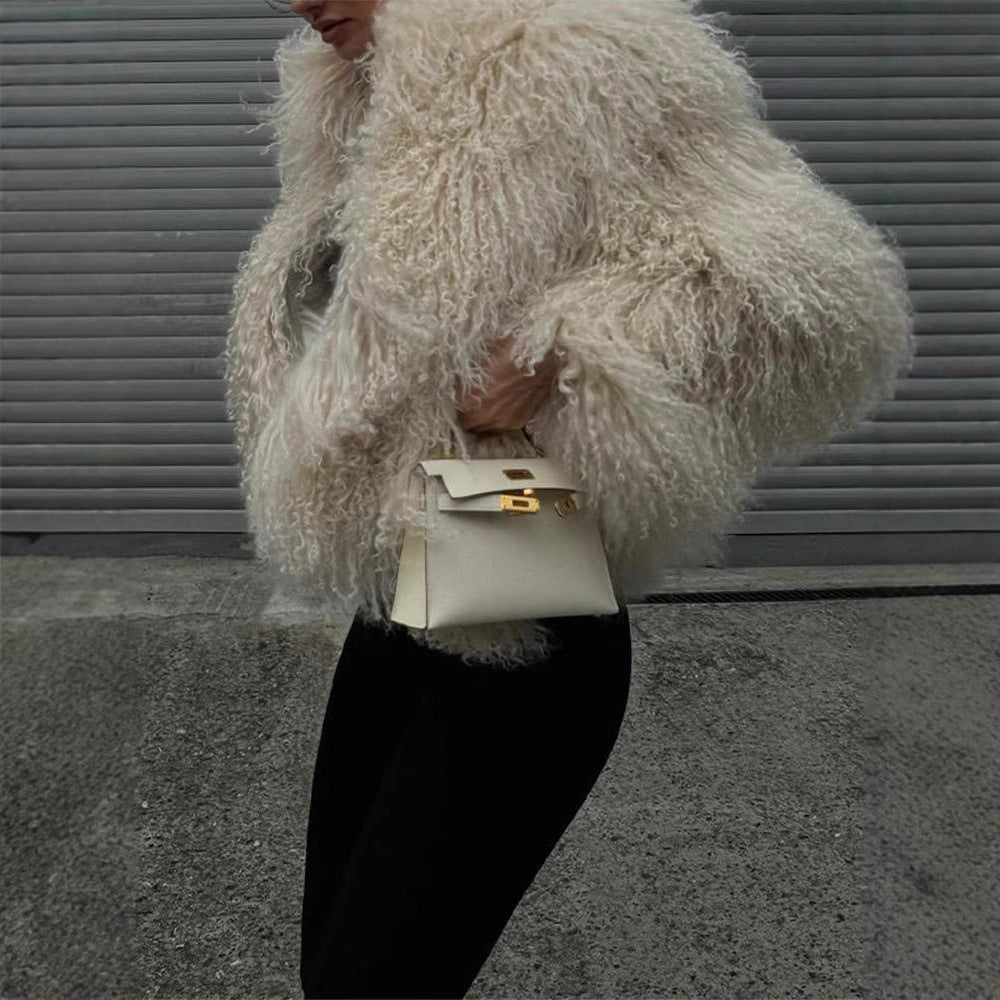 Ladies Elegant Faux Fur Coat with High Collar and Stylish Cut Lune London