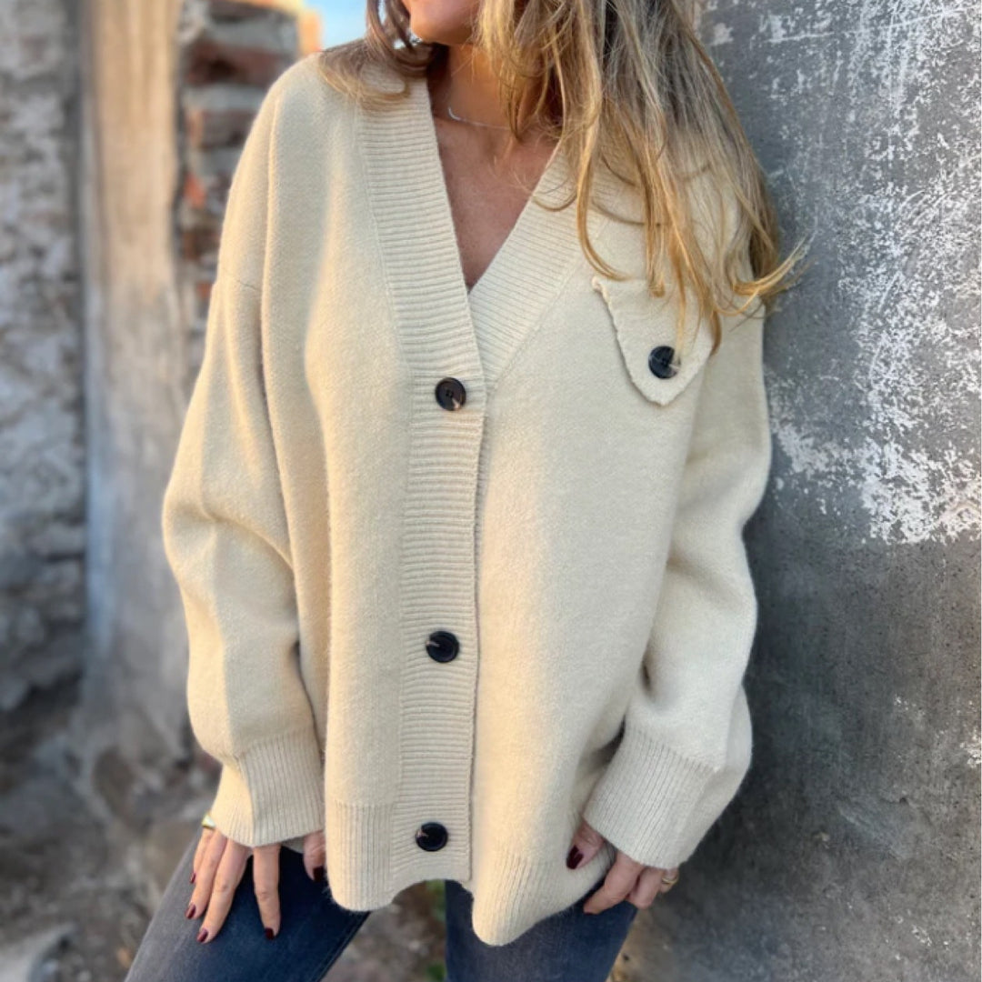 Casual knit cardigan for women with asymmetrical cut and button details Lune London
