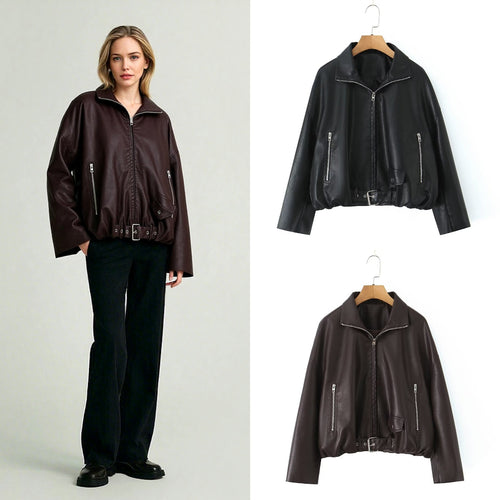 Synthetic leather jacket for women with adjustable belt and zippered side pockets Lune London
