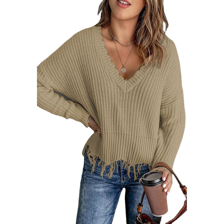 Women Casual Knit Sweater with V-neck and Fringed Hem Lune London
