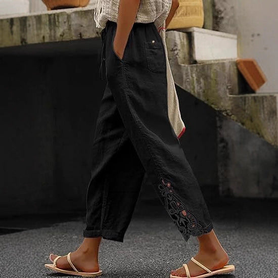 Airy linen trousers for ladies with decorative embroidery Lune London