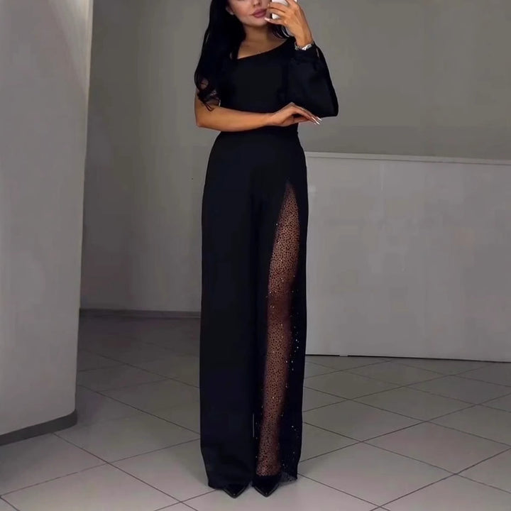 Asymmetrical one-shoulder jumpsuit for women with sequin panel Lune London