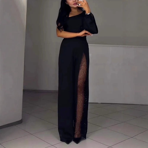 Asymmetrical one-shoulder jumpsuit for women with sequin panel Lune London