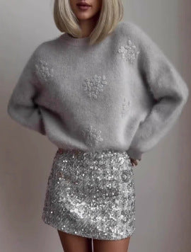 Women's Glamorous Sequin Skirt with Floral Detail Lune London