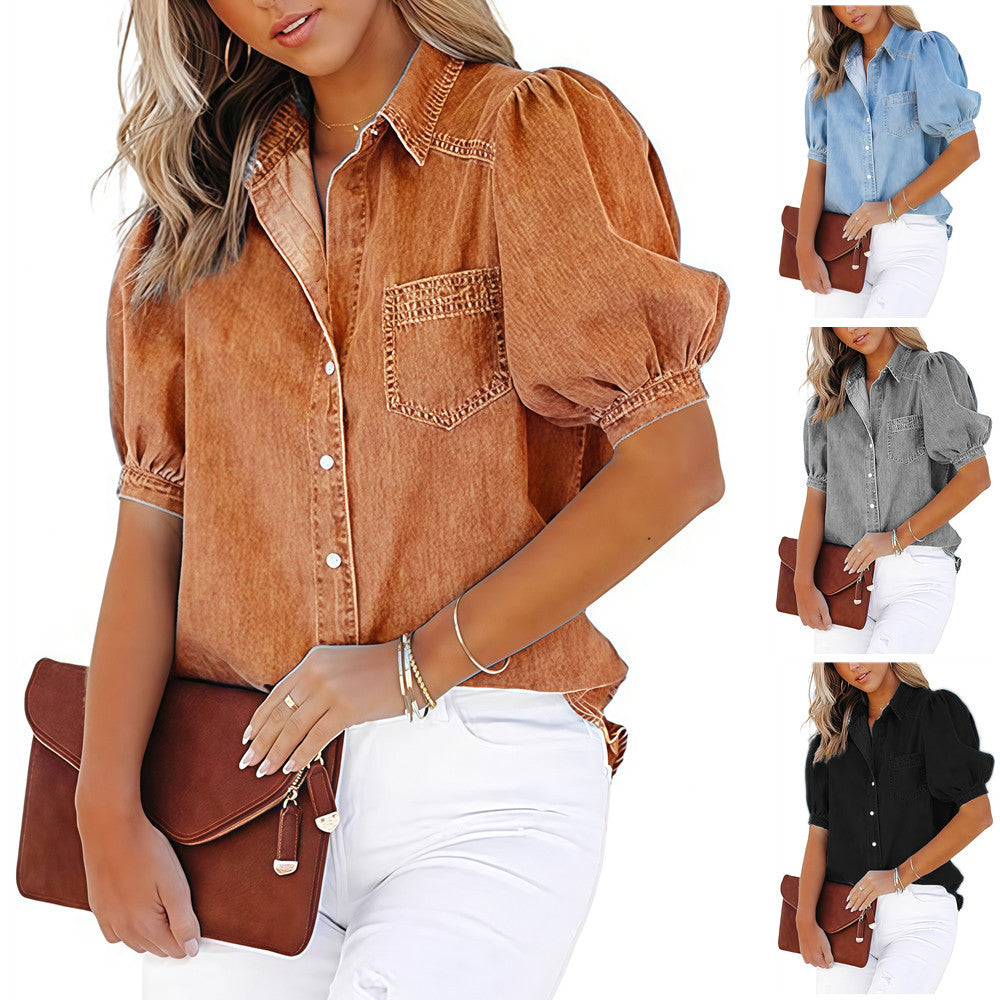 Casual denim blouse for women with puff sleeves and a practical chest pocket Lune London