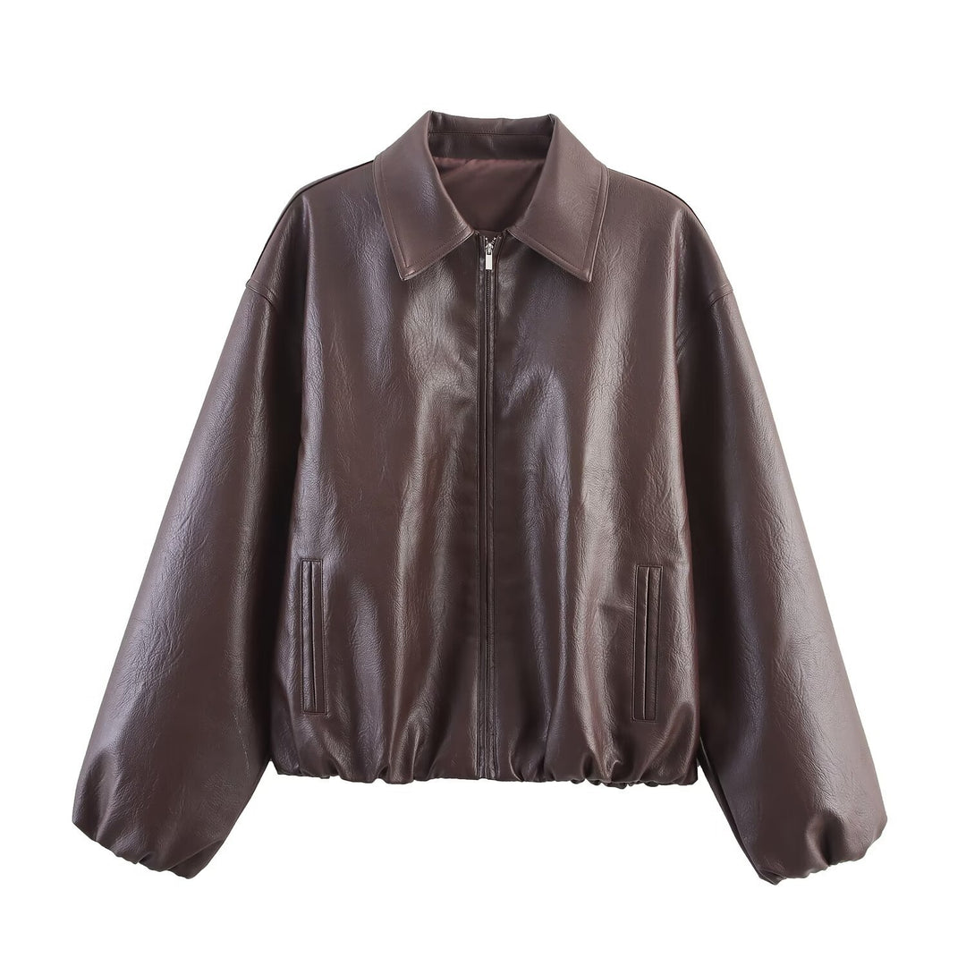 Synthetic leather jacket with high collar and elastic waist for women Lune London