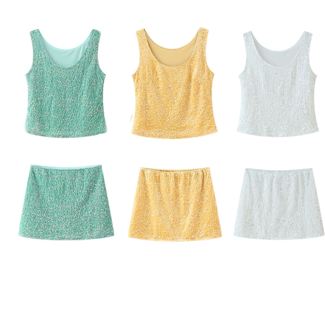 Women's set with sparkling spaghetti strap top and flared skirt with elastic waistband Lune London