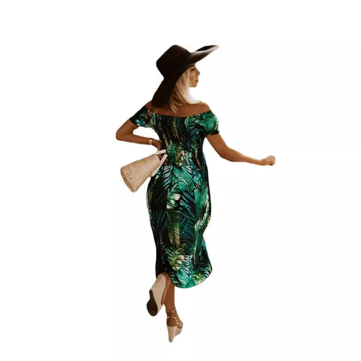 Maxi off-shoulder dress for women with tropical leaves Lune London