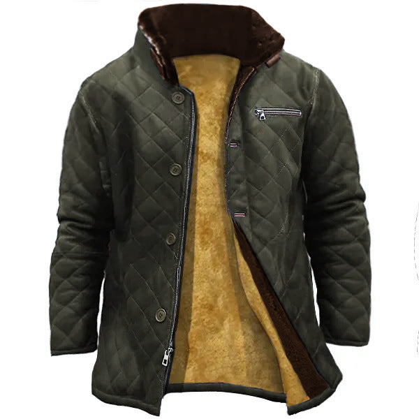 Long quilted coat for men with faux fur collar and practical pockets Lune London