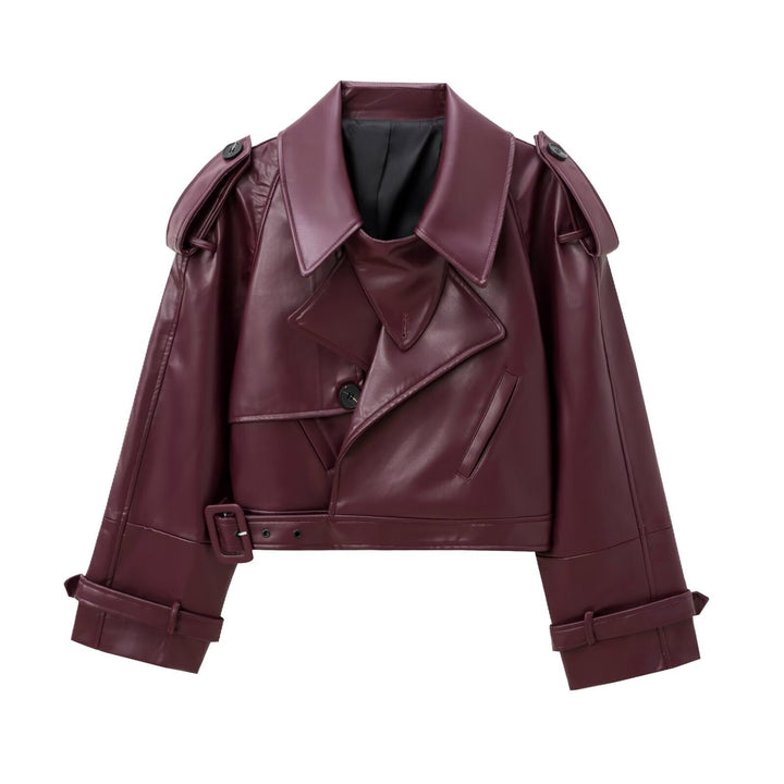 Women's Cropped Leather Motorcycle Jacket with Asymmetric Lapel Lune London