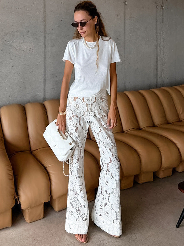 Elegant Lace Pants for Ladies with Wide Leg and Chic Floral Details