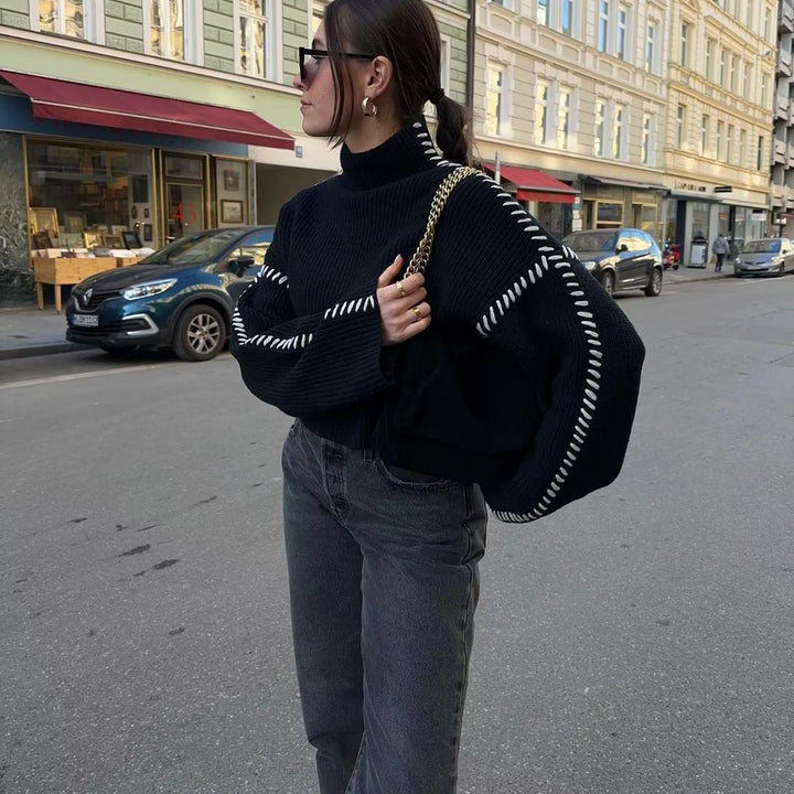 Pull en tricot stylé pour femmes avec des manches hautes et des coutures décoratives contrastées Chic & Stil