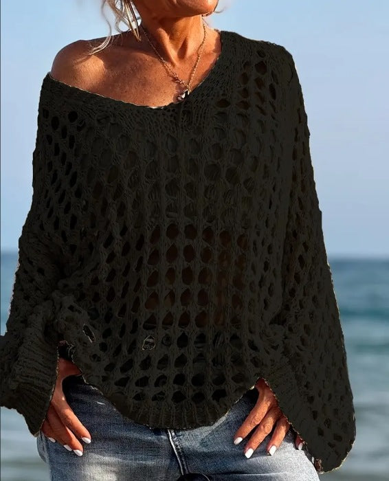 Knitted off-shoulder sweater for women with an airy structure in openwork stitches Lune London