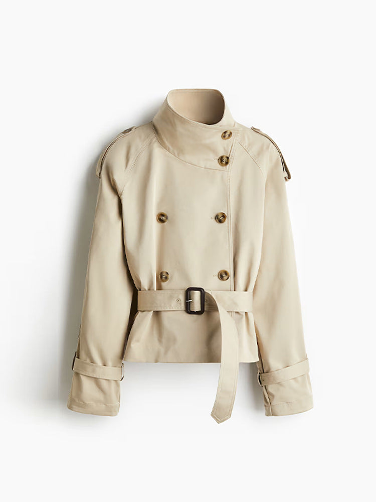 Ladies trendy short jacket in modern trench-coat style with wide collar and belt at the waist Lune London