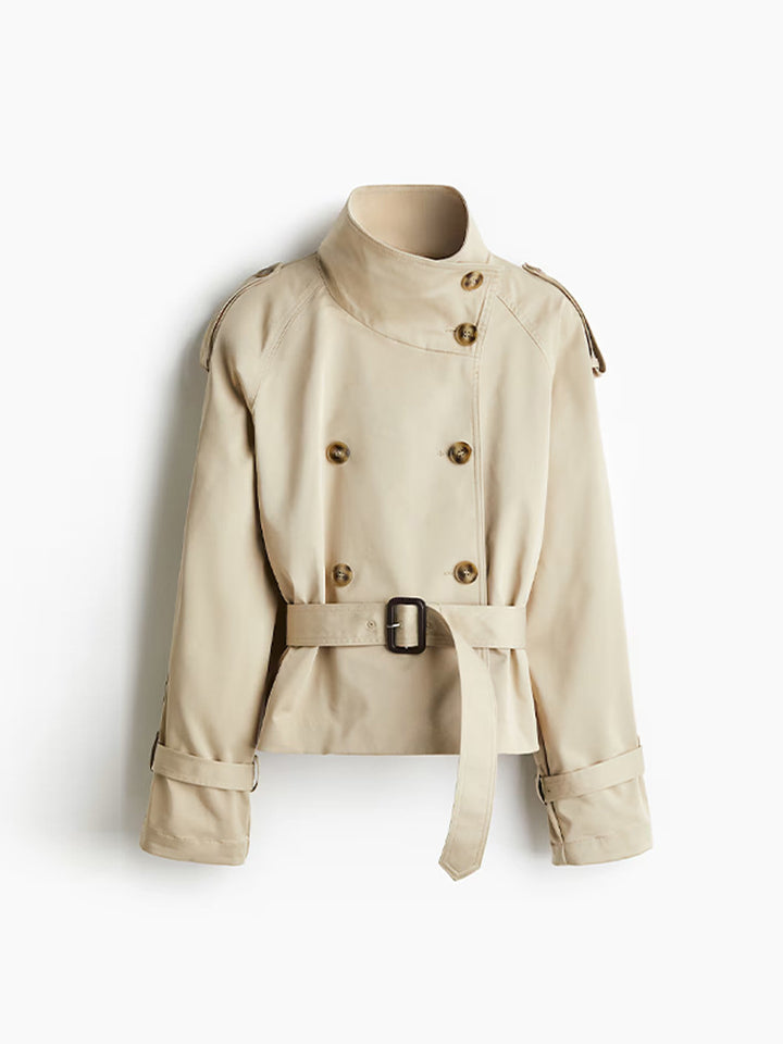 Ladies trendy short jacket in modern trench-coat style with wide collar and belt at the waist Lune London