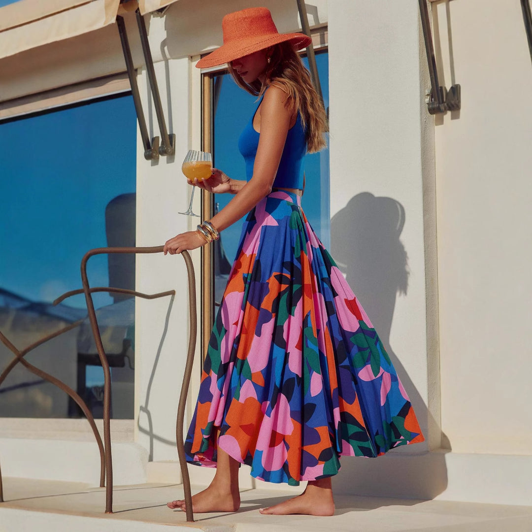 Women's maxi skirt with colorful floral design and flowing fall