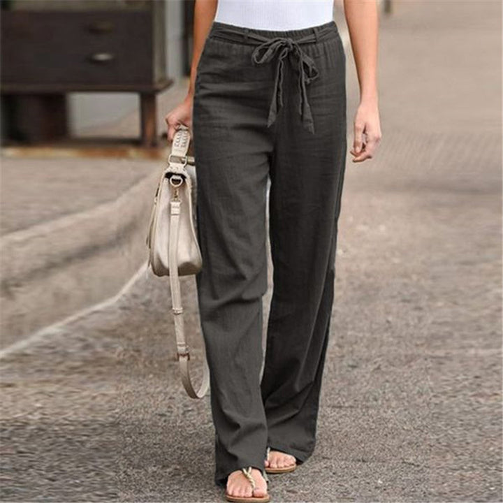 Linen pants for women with elastic waistband and tie belt Lune London