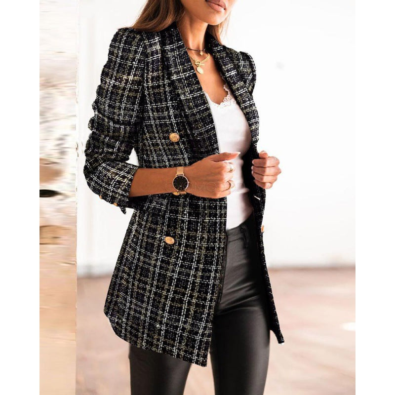 Blazer jacket for women with a modern design in tweed featuring a double-breasted button closure and stitched details Lune London