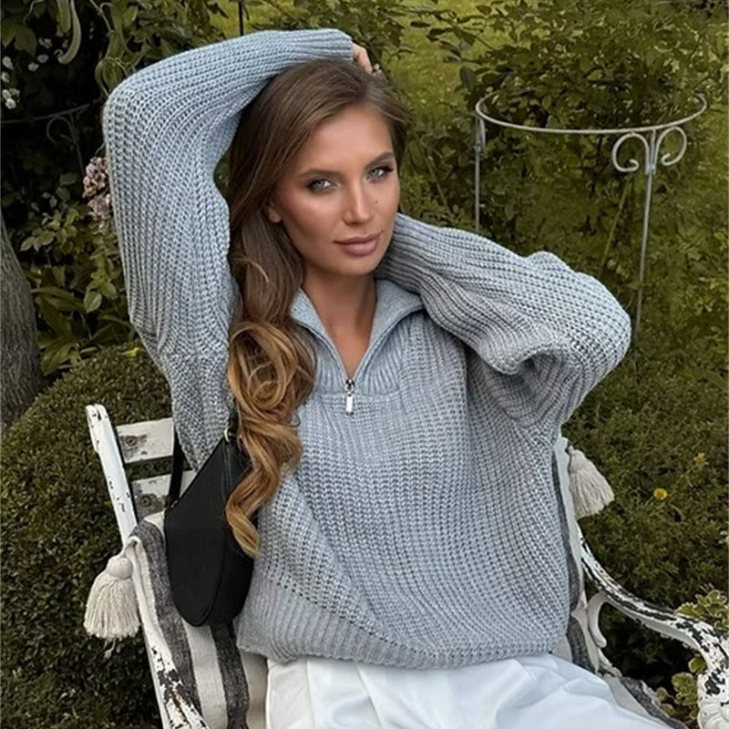 Women's thick knit sweater with high collar and zipper Lune London