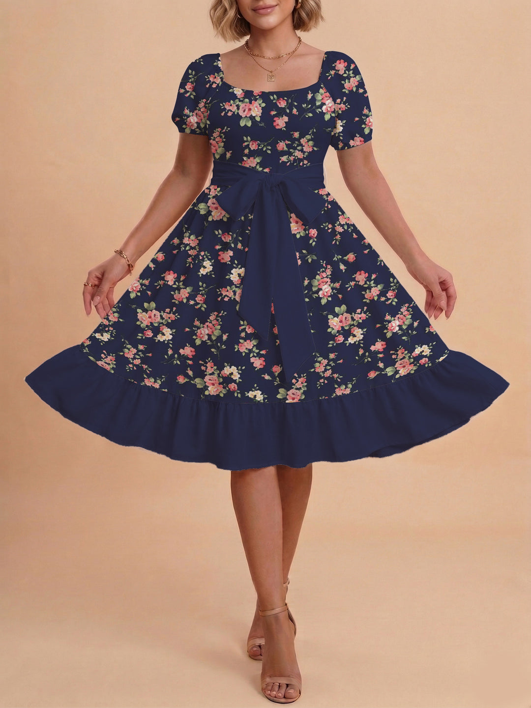 Women's floral dress with adjustable belt and voluminous sleeves Lune London