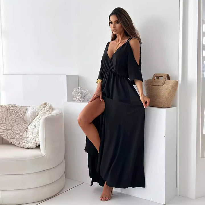 Elegant maxi dress for women with deep V-neck and slit Lune London