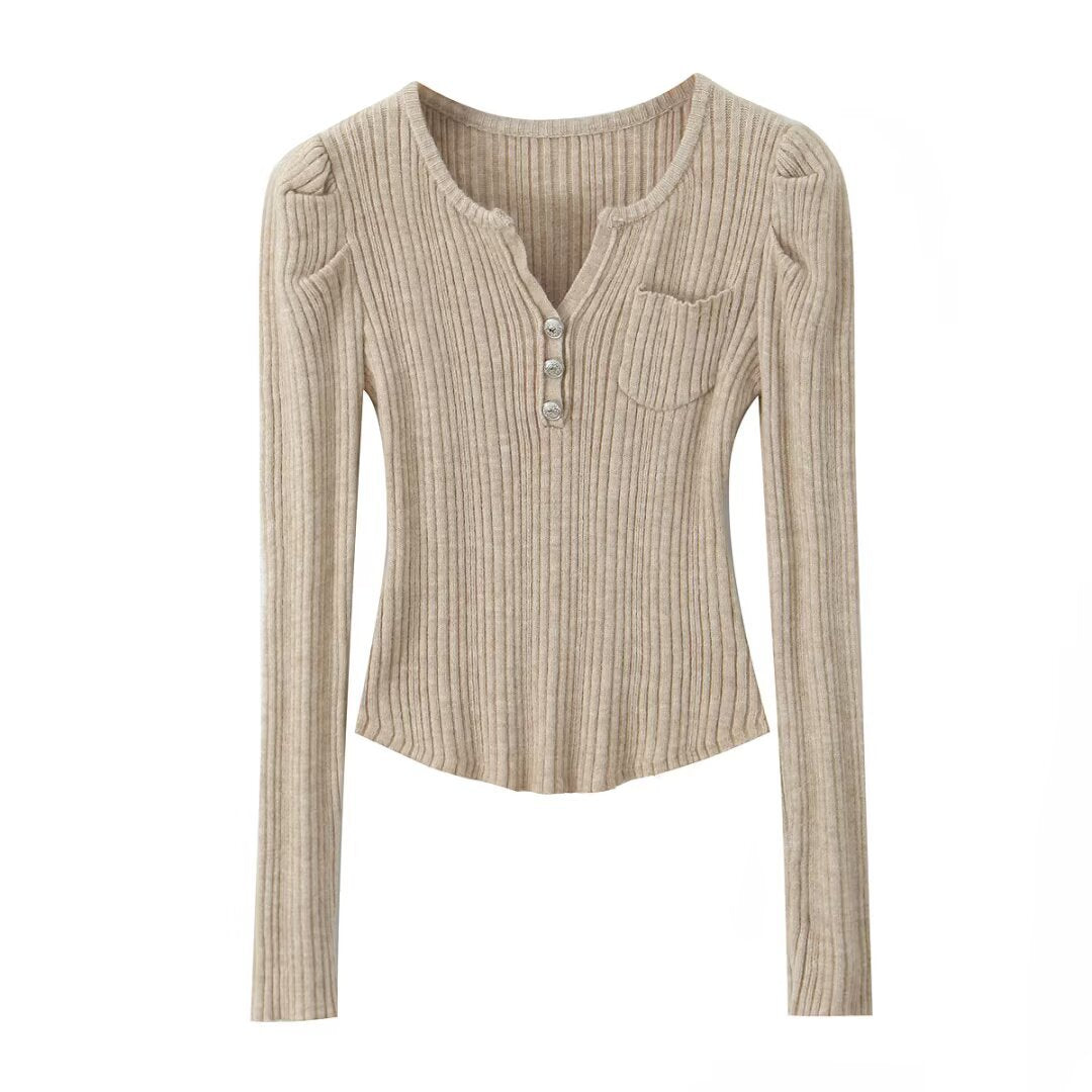 Women Long Sleeve T-shirt with Structured Round Rib Design and Elegant Button Details Lune London