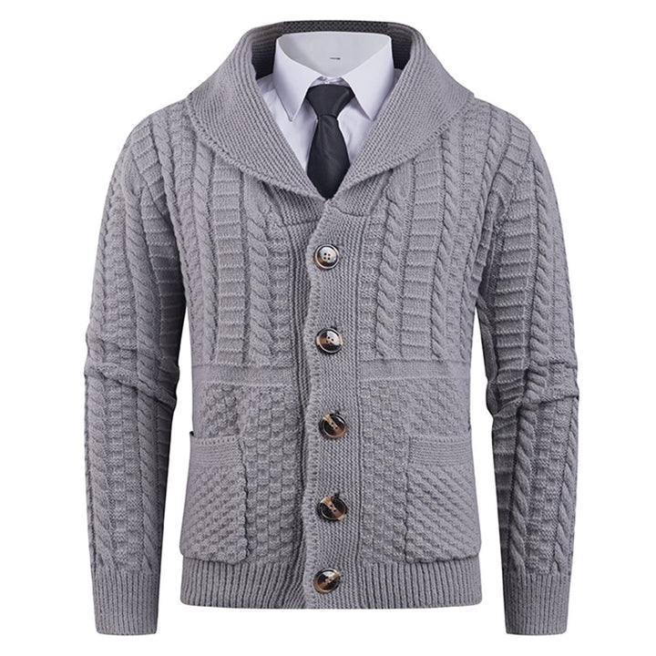 Men's knitted jacket with a modern shawl collar and practical buttons Lune London