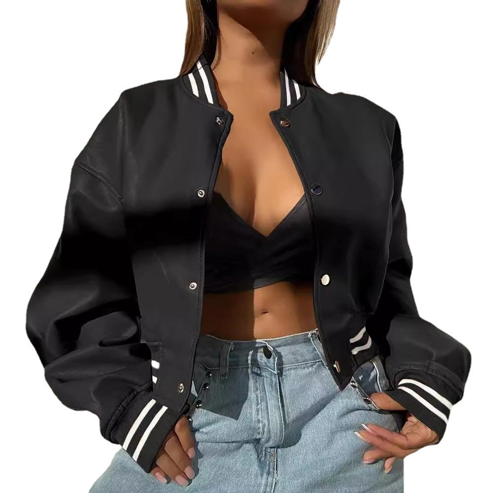Ladies sporty leather jacket with striped collar Lune London