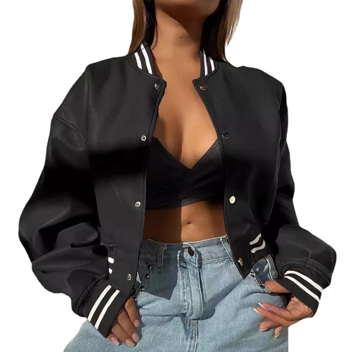 Ladies sporty leather jacket with striped collar Lune London