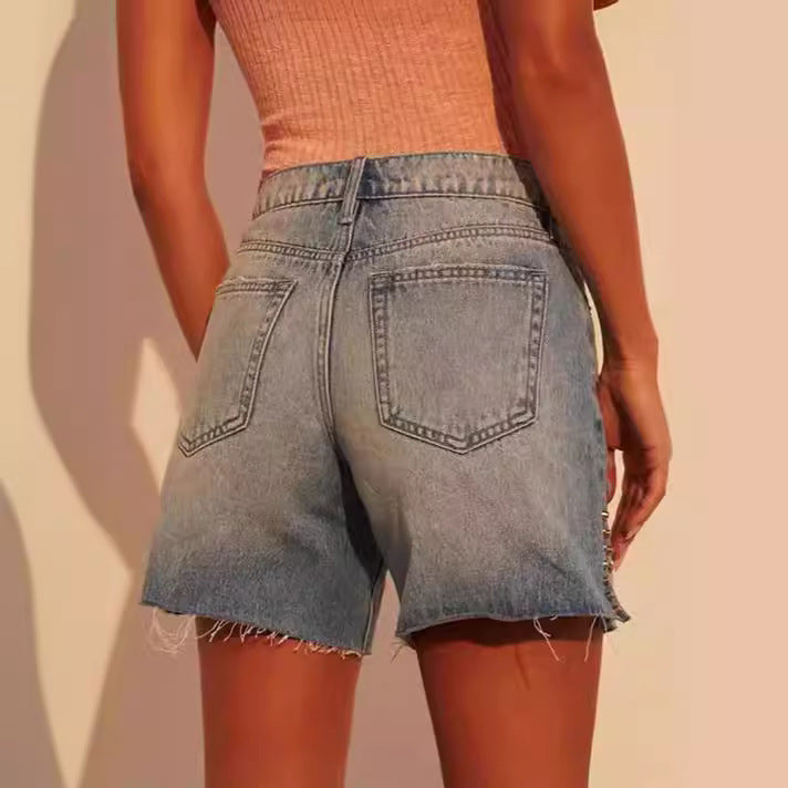 Women's Fashion Destroyed Denim Shorts with Studded Decoration Lune London