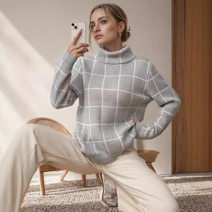 Pull décontracté pour femmes en tricot épais avec motif à carreaux moderne et col haut Chic & Stil