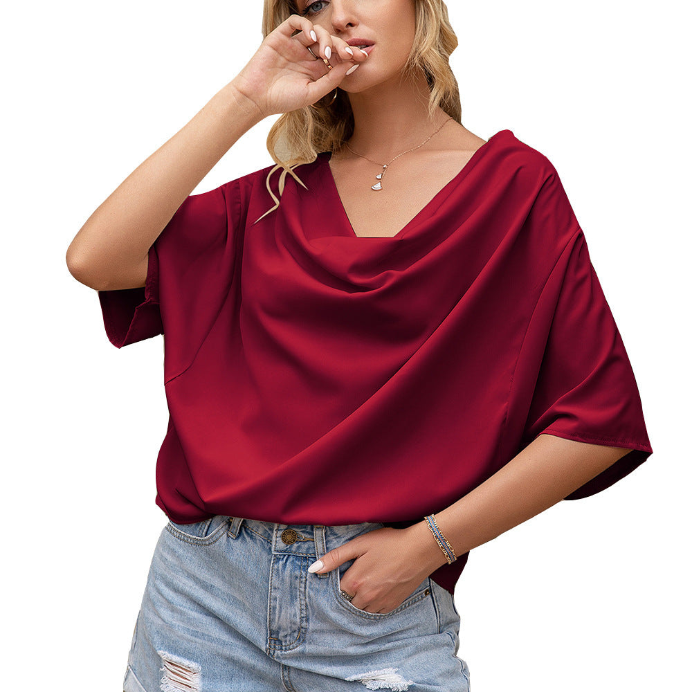 Chic V Neck Decorative Blouse for Women with Asymmetrical Hem