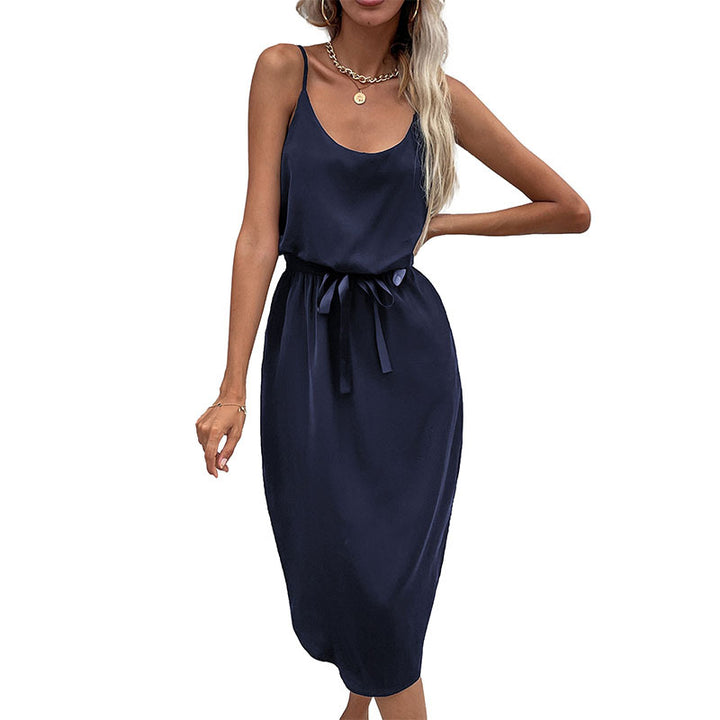 Mid-length dress with adjustable spaghetti straps for women with tied belt Lune London
