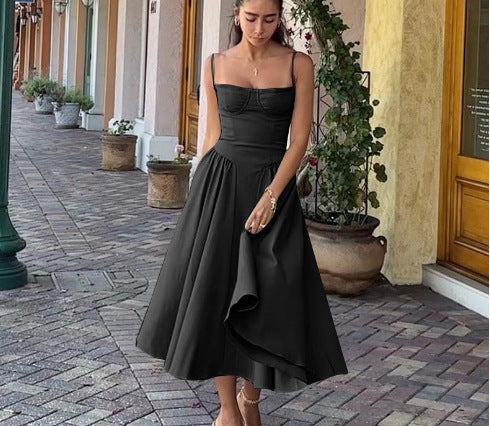 Mid-length dress for women with strapless design and voluminous pleated skirt Lune London