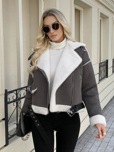 Fashion women's leather jacket with faux fur collar and belt Lune London
