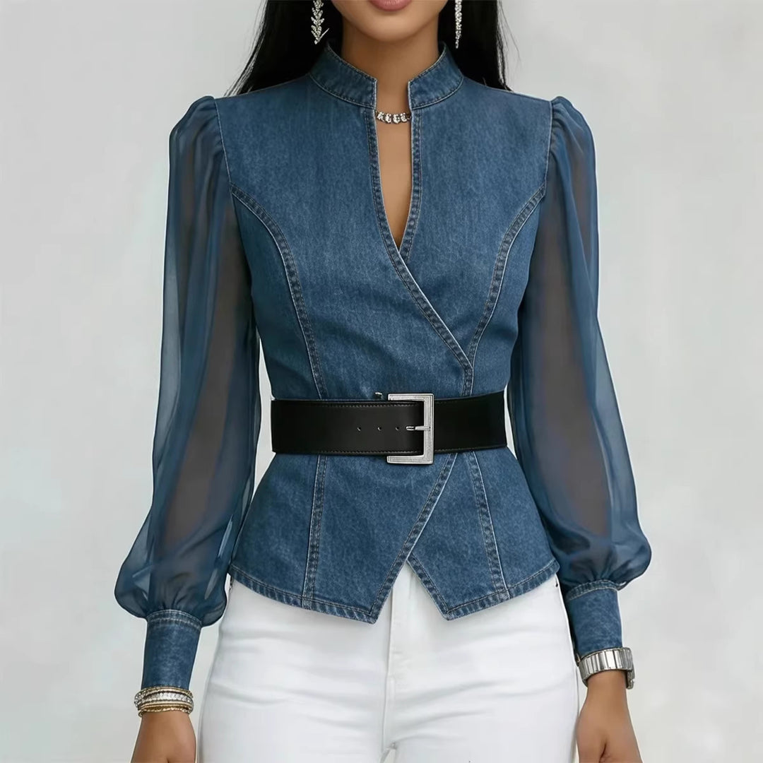Women’s jeans blouse with transparent sleeves and tailored design Chic & Stil