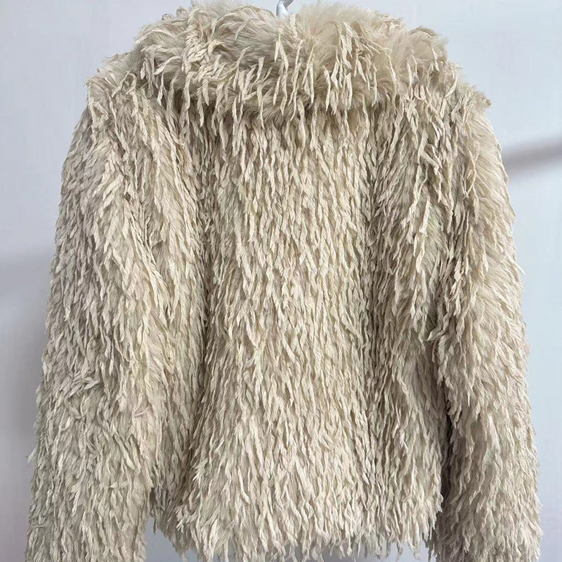 Ladies Short Cozy Jacket in Synthetic Fur with Chic and Stylish V-Neck
