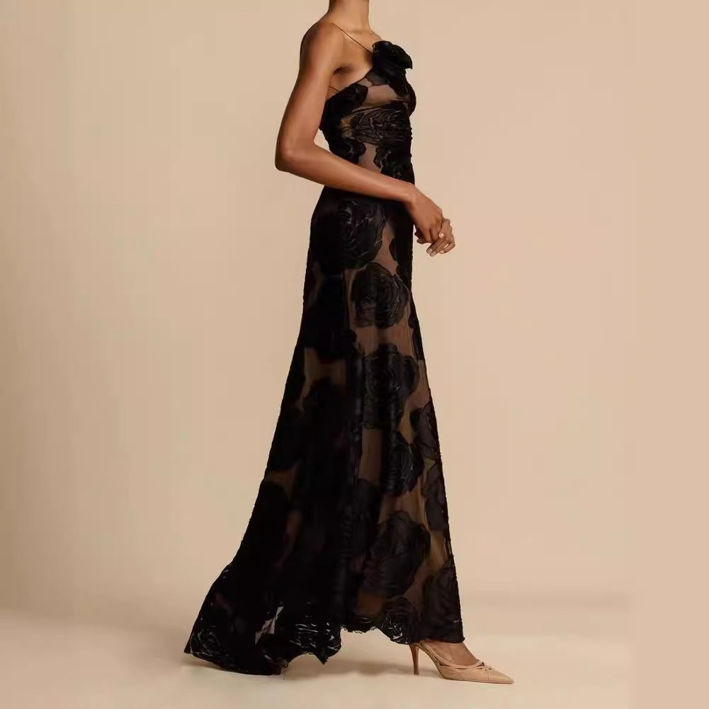 Women's Elegant Maxi Dress with Floral Sheer Design and Slim Straps