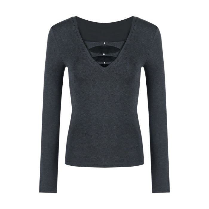 Ladies elegant long-sleeve shirt with V-neck and fashionable gathering Chic & Stil