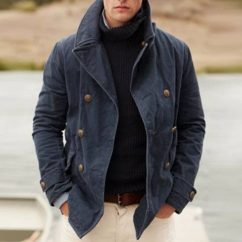 Navy Peacoat Jacket for men with a maritime style featuring a double row of buttons and soft lining Lune London