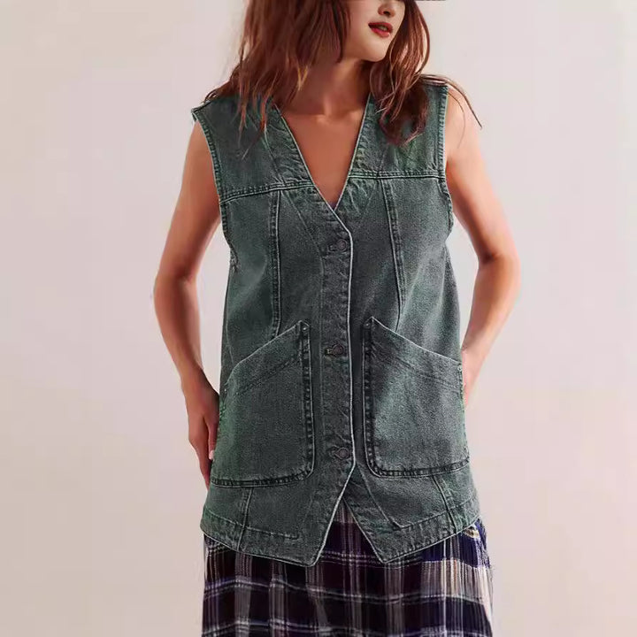 Women's denim dungaree jacket with practical pockets and fashionable V-neck Lune London