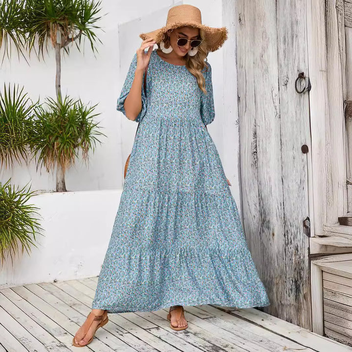 Lune London bohemian maxi dress for women with puff sleeves