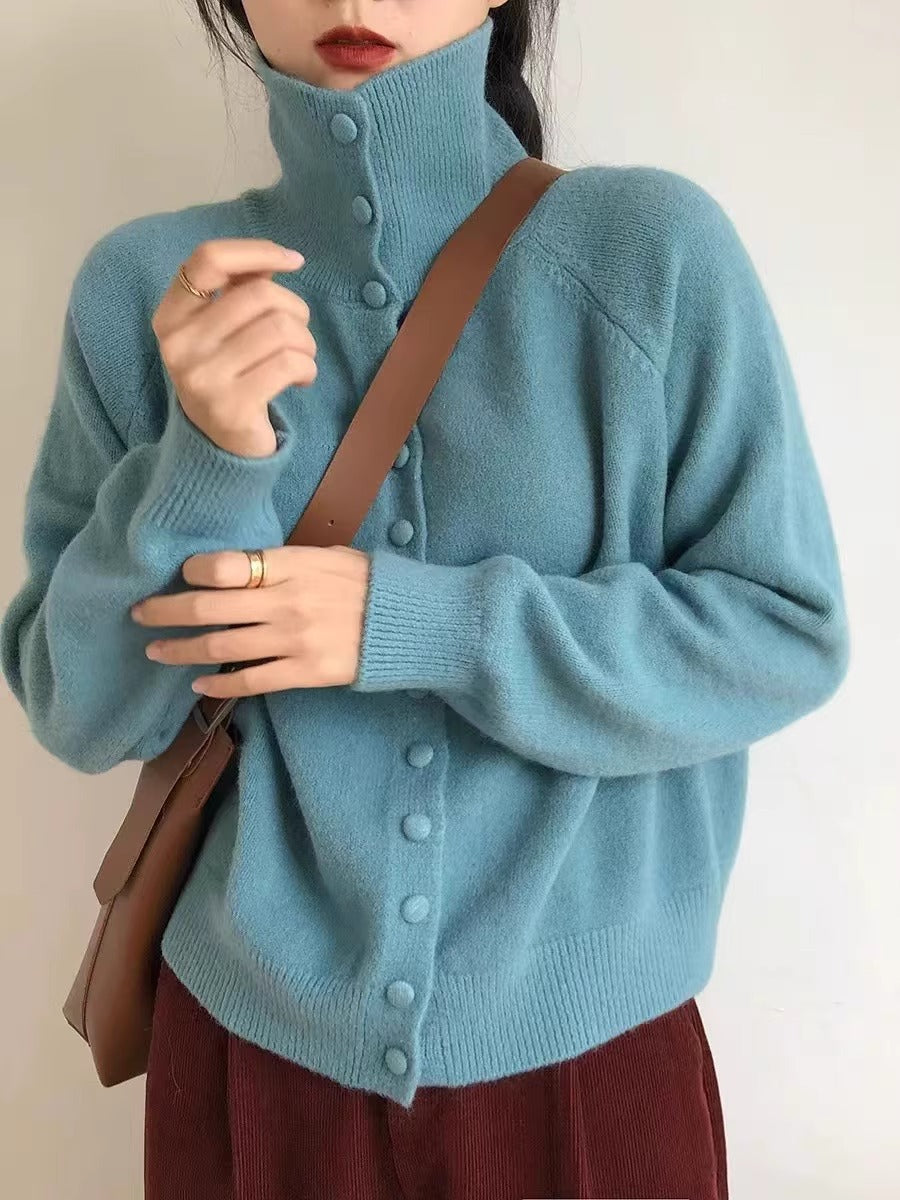 Ladies cardigan with high collar and decorative buttons Lune London